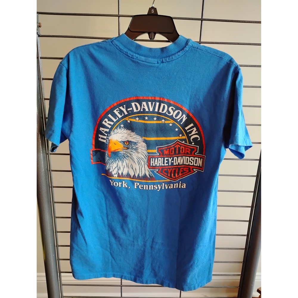 Vintage‎ Harley Davidson Running With The Pack Wolf Eagle Blue T-Shirt Mens L - Picture 4 of 8